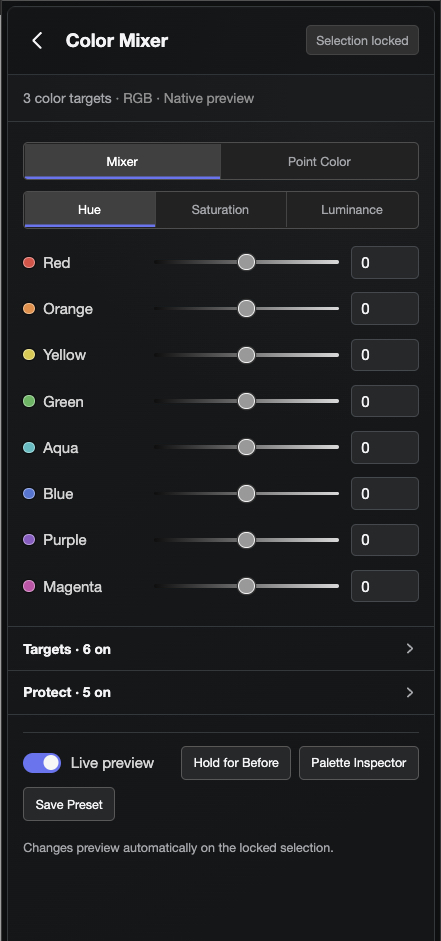 Color Mixer tool with source hue family controls