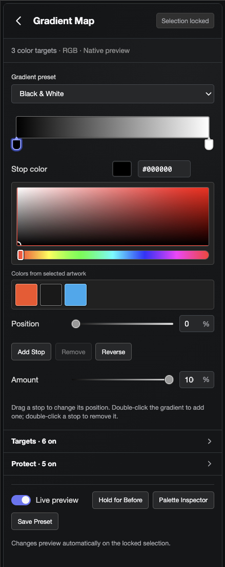 Gradient Map tool with an editable black-to-white ramp