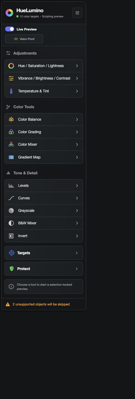 HueLumino home panel with all tool groups visible