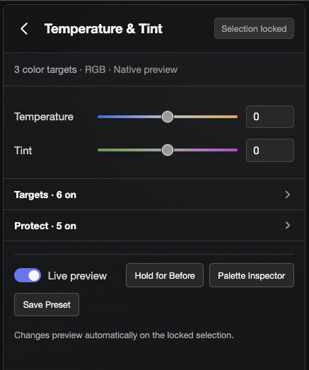 Temperature and Tint sliders