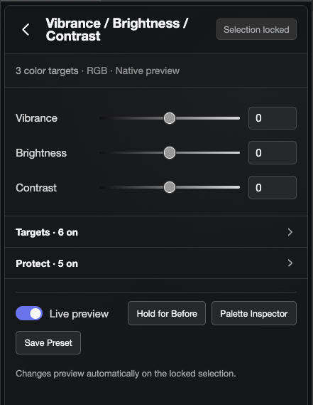 Vibrance, Brightness, and Contrast sliders